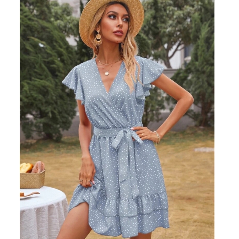Polka Dot Self Tie Ruffle Hem Dress
